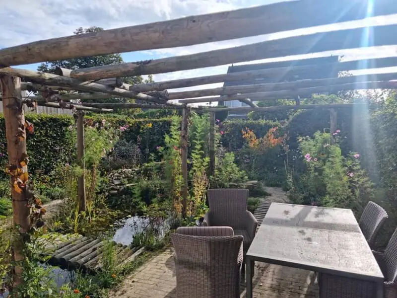Pergola en terras aan de vijver, ontworpen en aangelegd door Eco-Care